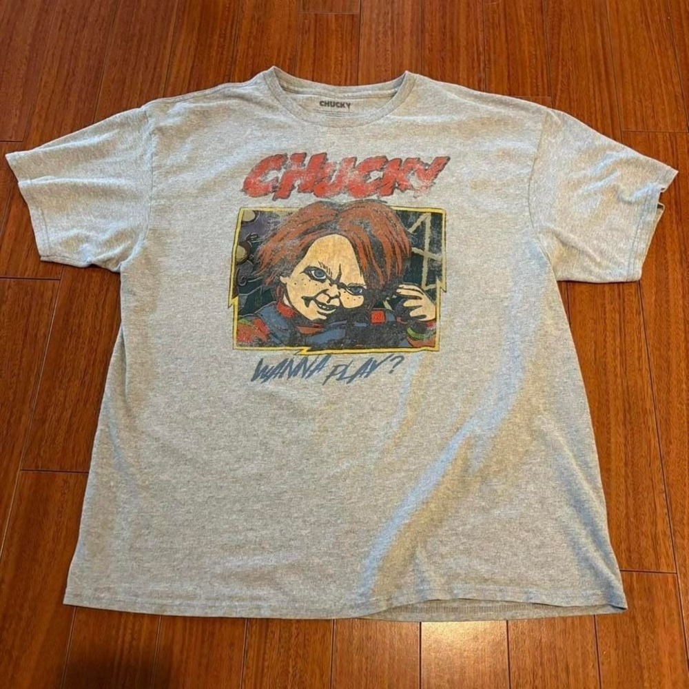 Chucky Childs Play Wanna Play Horror Movie Graphic Tee Gray XL